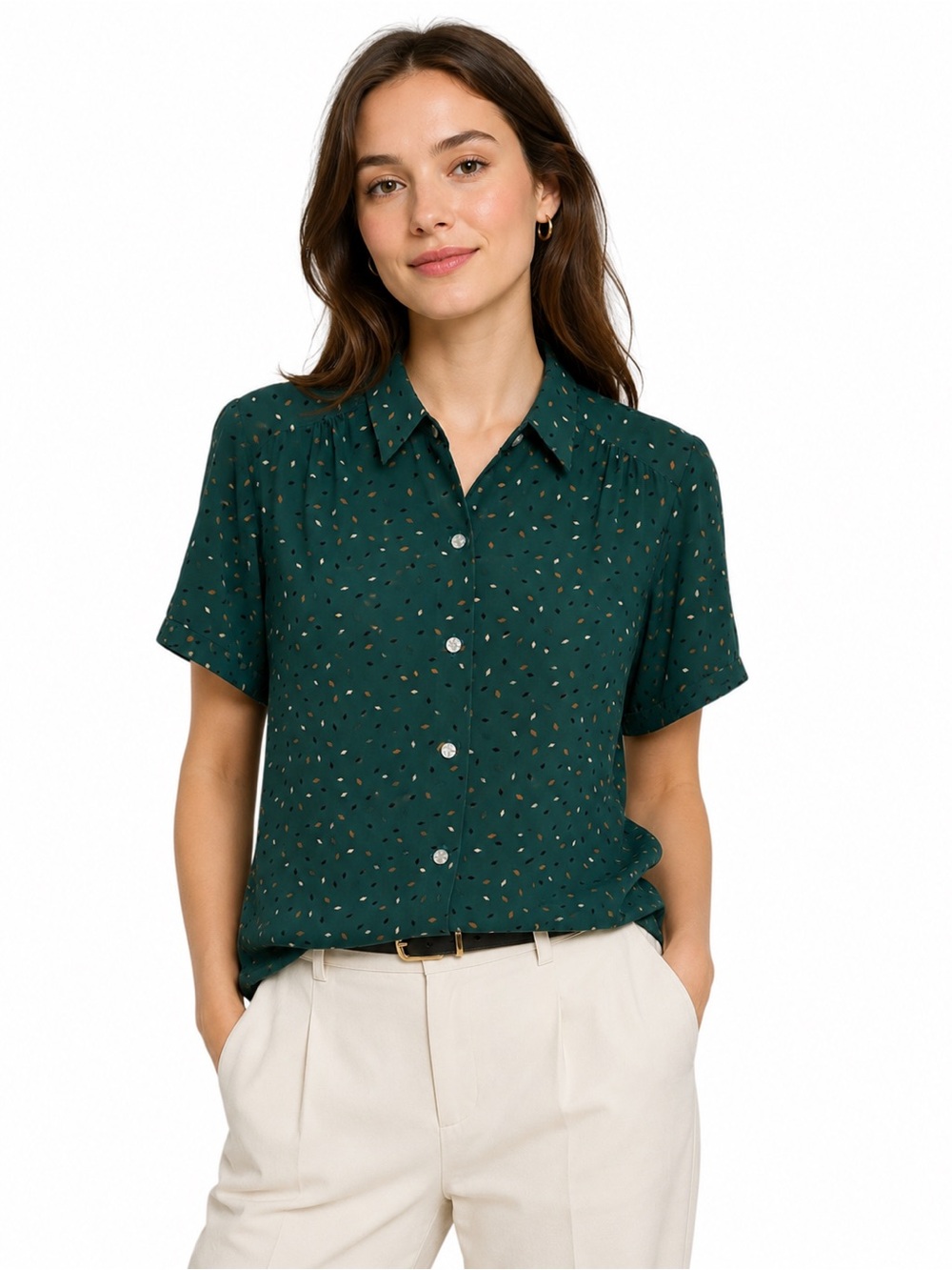 Vintage Silk Short-Sleeve Button Front Shirt | Turquoise | Size S